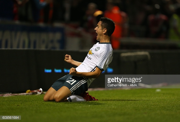 Midfielder Ander Herrera celebrates after he scores to make it 1-2 in the EFL Cup. | Photo: Catherine Ivill - AMA/Getty Images