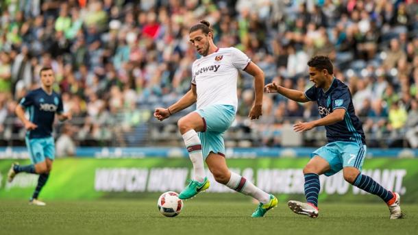 Above: Andy Carroll in action for West Ham in their 3-0 defeat to the Seattle Sounders | Photo:whufc.com