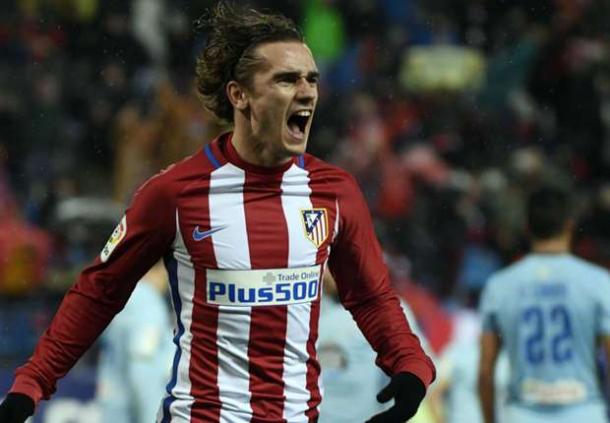 L'esultanza di Griezmann dopo il gol del 3-2 dell'Atletico sul Celta Vigo