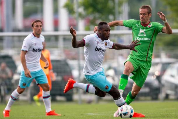 Above: Michail Antonio in action during West Ham's 3-0 defeat to Rubin Kazan | Photo: whufc.com 