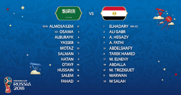 Alineaciones confirmadas entre Arabia Saudí y Egipto. | Foto: Copa Mundial de la FIFA