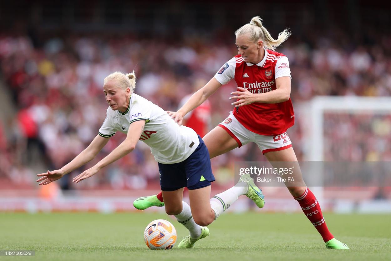 Veliina Summannen of Tottenham and Stina Blackstenius of Arsenal during the Women's Super League match between Arsenal and Tottenham Hotspur on September 24, 2023. (Photo by Naomi Baker - The FA/The FA via Getty Images)