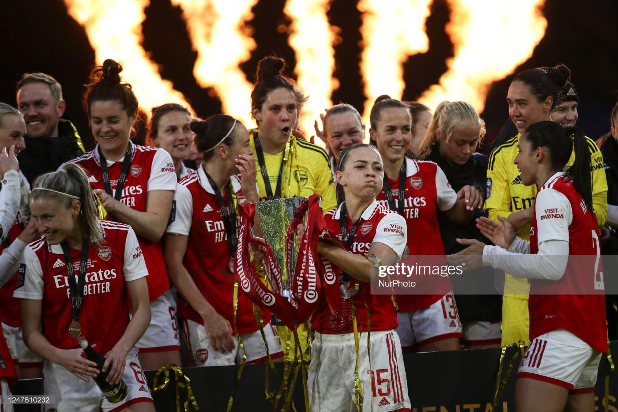 Katie McCabe lifts the trophy during the FA Women's League Cup Final between Arsenal and Chelsea at Selhurst Park, London on Sunday 5th March 2023. (Photo by Tom West/MI News/NurPhoto via Getty Images)
