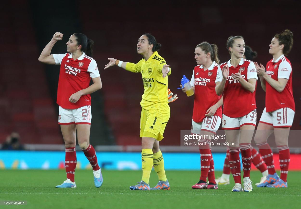 Arsenal's Manuela Zinsberger leads the celebrations at the end of the match during the UEFA Women's <strong><a  data-cke-saved-href='https://www.vavel.com/en/football/2023/04/22/womens-football/1144623-jonas-eidevall-pre-champions-league-semi-final-wolfsburg-briefing.html' href='https://www.vavel.com/en/football/2023/04/22/womens-football/1144623-jonas-eidevall-pre-champions-league-semi-final-wolfsburg-briefing.html'>Champions League</a></strong> quarter-final 2nd leg match between Arsenal and FC Bayern Munchen at Emirates Stadium on March 29, 2023. (Photo by Rob Newell - CameraSport via Getty Images)