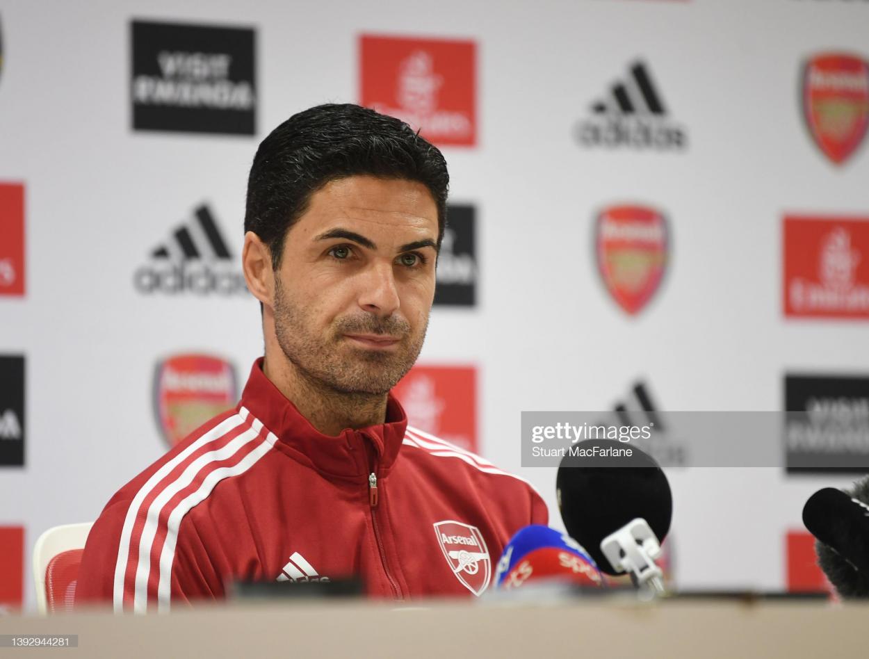 LONDON, ENGLAND - APRIL 22: Arsenal manager Mikel Arteta attends a press conference before a training session at Emirates Stadium on April 22, 2022 in London, England. (Photo by Stuart MacFarlane/Arsenal FC via Getty Images)