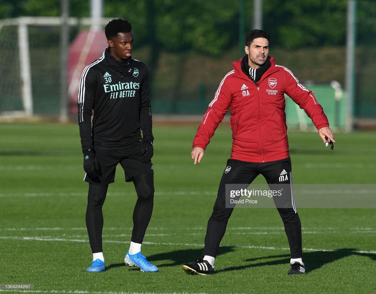 ST ALBANS, ENGLAND - JANUARY 12: Mikel Arteta the Arsenal Manager with Eddie ketiah during the Arsenal training session at London Colney on January 12, 2022 in St Albans, England. (Photo by David Price/Arsenal FC via Getty Images)