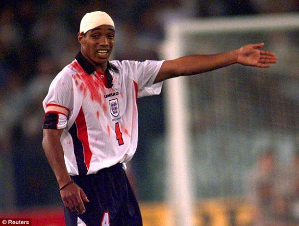 The memorable image of a bloody Paul Ince following a nasty blow to the head against Italy. He made 53 appearances for England. (Photo: Reuters)