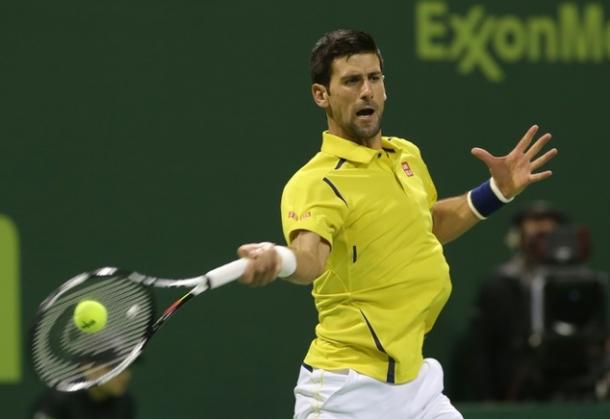 Novak Djokovic hits a forehand at the 2016 Qatar ExxonMobil Open in Doha/Getty Images: Karim Jaafar