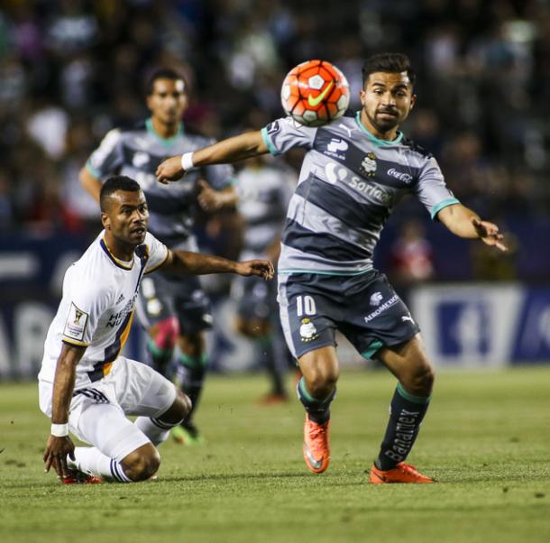 Santos's Bryan Rabello was a constant threat to the LA Galaxy defense on Wednesday night in leg one of the CCL quarterfinal series. Photo provided by Ringo H.W. Chiu-Associated Press Photo. 