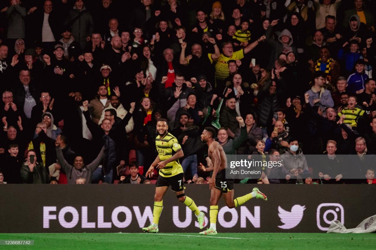 Emmanuel Dennis celebrates his goal on Saturday: Ash Donelon - Manchester United/GettyImages