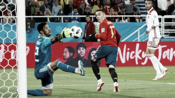Momento del gol de Aspas ante Marruecos. / Foto: efe
