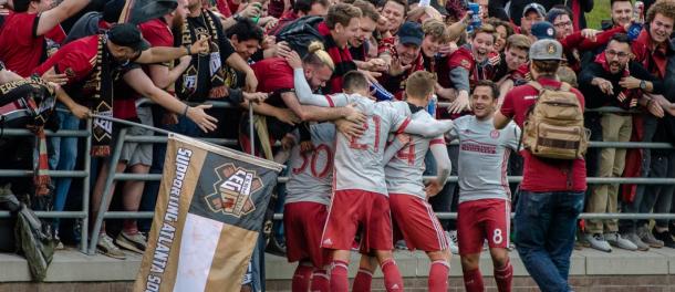 Atlanta's players and fans celebrate during their preseason win over Chattanooga FC (Source: atlutd.com) 