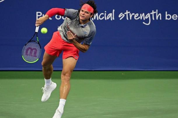 Raonic serves during his third round victory/Photo: Matthew Stockman/Getty Images