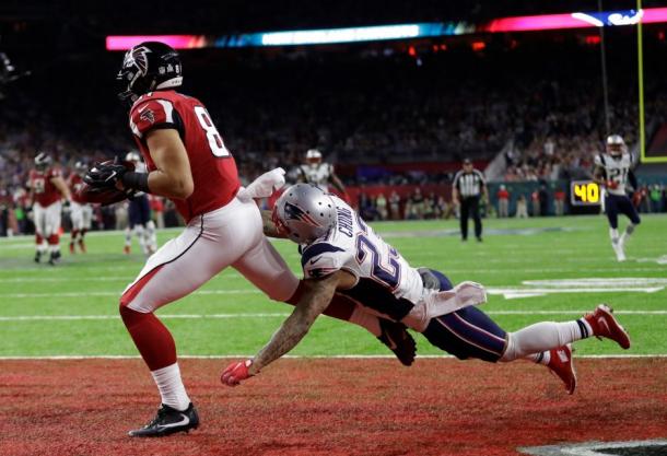 Rookie Austin Hooper will likely be more involved in the offense next season after impressing in Super Bowl LI. (Source: Tony Gutierrez/AP)