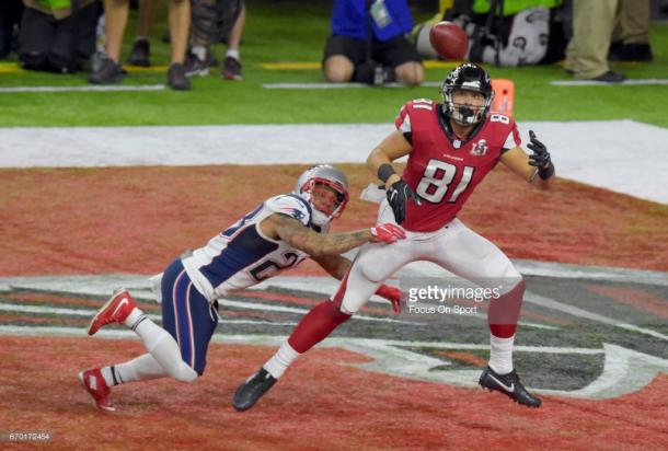 Austin Hooper's rookie season was capped off with an impressive touchdown catch in Super Bowl LI. (Source: Focus On Sport/Getty Images)