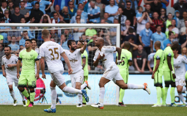 Ayew netted against Manchester City in the Swans' final fixture of last season. | Photo: Getty