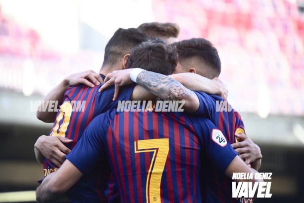 Jugadores del Barça B celebrando un gol. FOTO: Noelia Déniz