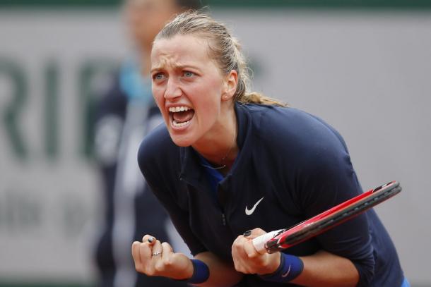 Petra reacts to a point during her first round match against Danka Kovinic at the 2016 French Open/AP/Michel Euler