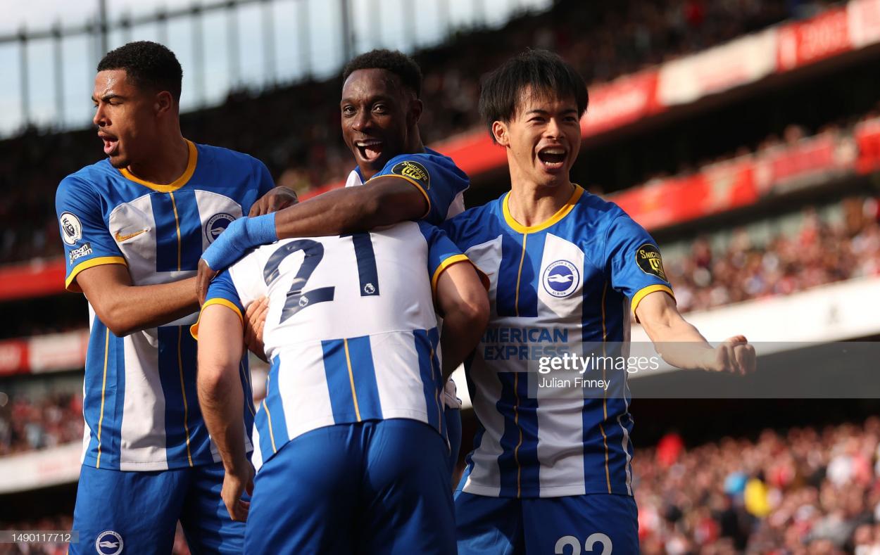 Brighton players celebrating their second goal against Arsenal - (Photo by Julian Finney/Getty Images)