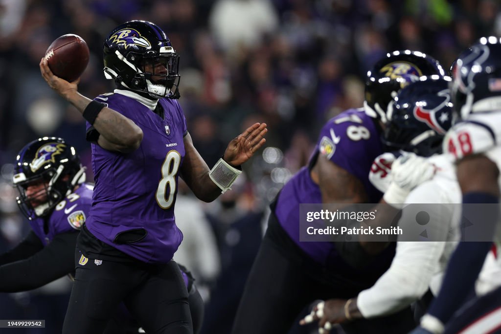Quarterback Lamar Jackson #8 of the Baltimore Ravens passes the ball against the Houston Texans during the second quarter in the AFC Divisional Playoff game at M&T Bank Stadium on January 20, 2024 in Baltimore, Maryland. (Photo by Patrick Smith/Getty Images)