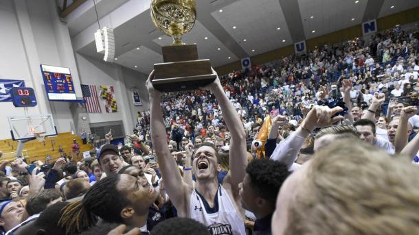 Mount St. Mary's celebrates after winning the Northeast Conference title/Photo: Steve Ruark/Associated Press