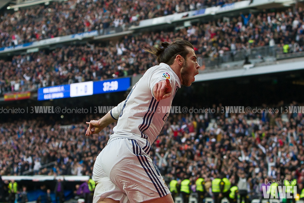 Bale celebra su último gol frente al Espanyol al retornar con el equipo. | FOTO: Daniel Nieto - VAVEL