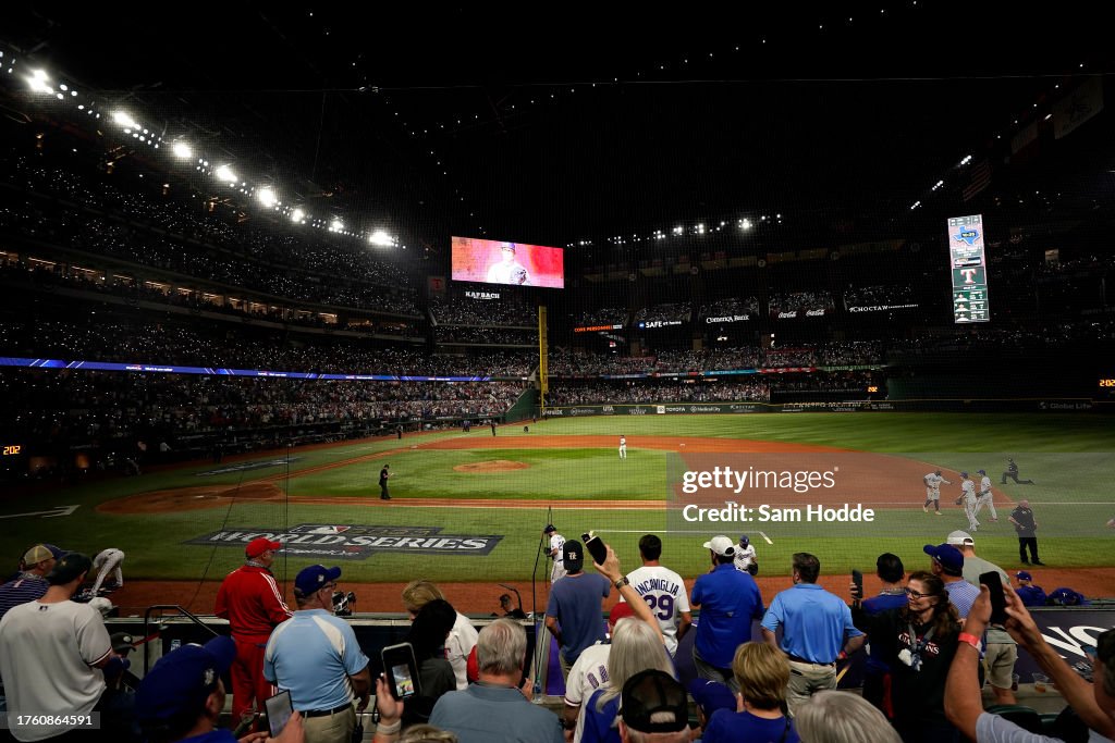 A general view in the 10th inning during Game One of the World Series between the Arizona Diamondbacks and the Texas Rangers at Globe Life Field on October 27, 2023 in Arlington, Texas. (Photo by Sam Hodde/Getty Images)