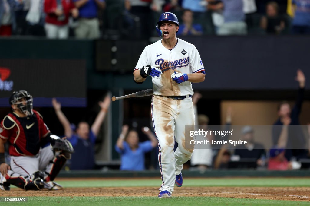 Corey Seager #5 of the Texas Rangers reacts after hitting a home run in the ninth inning against the Arizona Diamondbacks during Game One of the World Series at Globe Life Field on October 27, 2023 in Arlington, Texas. (Photo by Jamie Squire/Getty Images)