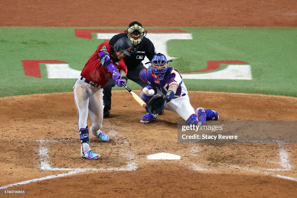 Ketel Marte #4 of the Arizona Diamondbacks hits a double in the fifth inning against the Texas Rangers during Game One of the World Series at Globe Life Field on October 27, 2023 in Arlington, Texas. (Photo by Stacy Revere/Getty Images)