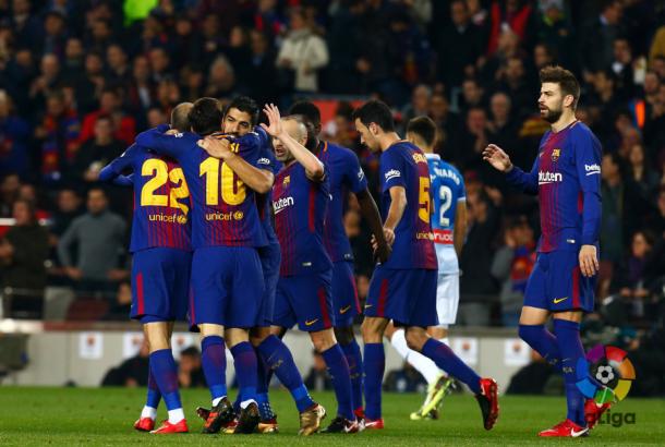 Jugadores del Barcelona celebran un gol ante el Espanyol. / Foto: LaLiga