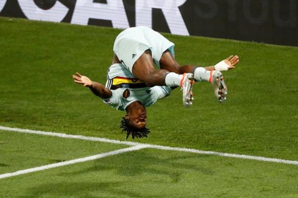 Batshuayi celebrates scoring from Hazard's cross against Hungary, during Euro 2016. (Source: Reuters)