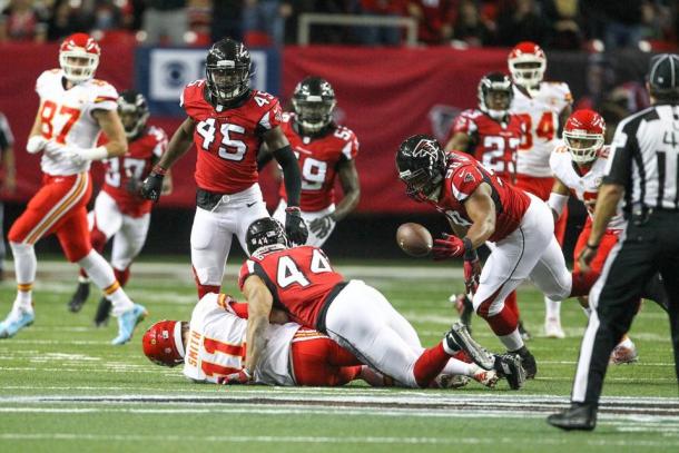 Vic Beasley forces a fumble on Alex Smith with Grady Jarrett on hand to recover. (Source: @AtlantaFalcons)