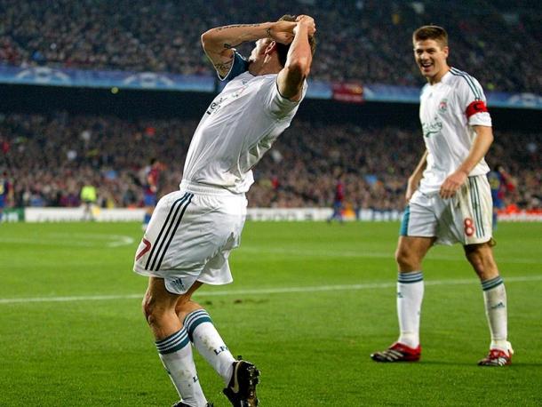 Craig Bellamy celebrates scoring at the Nou Camp (photo: Guardian)