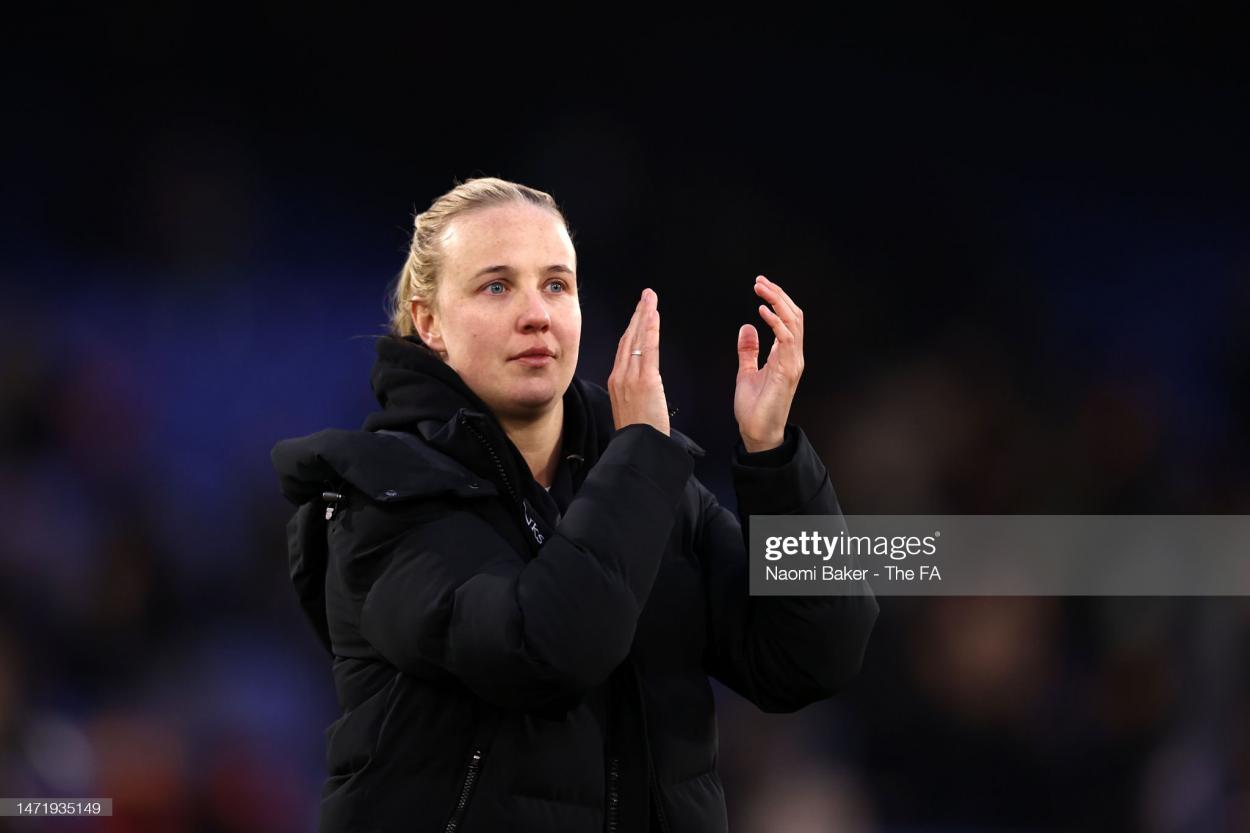 Beth Mead applauding the fans following the teams victory in the League Cup Final against Chelsea at Selhurst Park on March 5, 2023. (Photo by Naomi Baker - The FA/The FA via Getty Images)