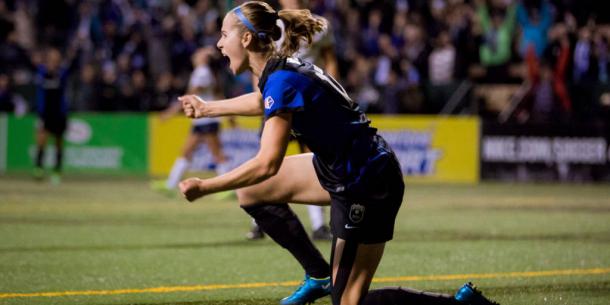 Yanez celebrates scoring a key goal as Seattle looked to advance in the 2014 playoffs | Source: nwslsoccer.com