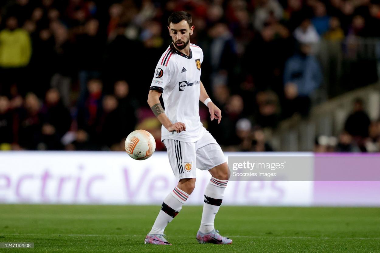 Bruno Fernandes during Barcelona v Manchester United. (Photo by David S. Bustamente/Soccrates/Getty Images)
