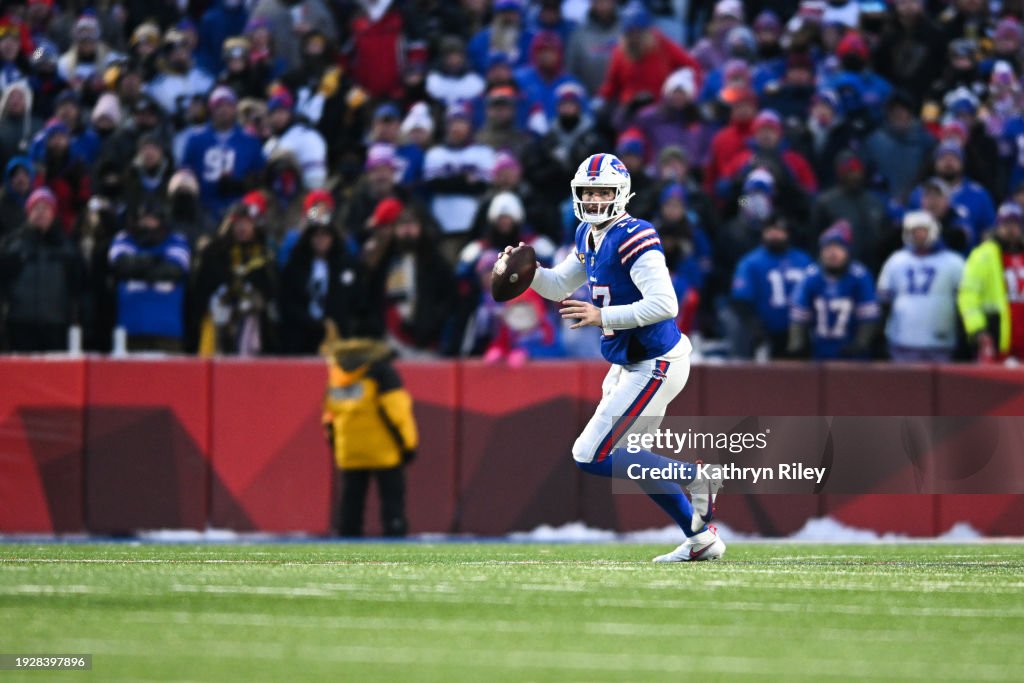 <strong><a  data-cke-saved-href='https://www.vavel.com/en-us/nfl/2023/09/12/1155785-nfl-new-york-jets-season-takes-flight-with-overtime-win-against-buffalo-bills.html' href='https://www.vavel.com/en-us/nfl/2023/09/12/1155785-nfl-new-york-jets-season-takes-flight-with-overtime-win-against-buffalo-bills.html'>Josh Allen</a></strong> #17 of the <strong><a  data-cke-saved-href='https://www.vavel.com/en-us/nfl/2023/10/15/1159276-who-are-the-favorites-in-the-nfls-american-conference.html' href='https://www.vavel.com/en-us/nfl/2023/10/15/1159276-who-are-the-favorites-in-the-nfls-american-conference.html'>Buffalo Bills</a></strong> runs with the football during the first half of the NFL wild-card playoff football game against the <strong><a  data-cke-saved-href='https://www.vavel.com/en-us/nfl/2024/01/13/1168568-nfl-playoffs-preview-the-business-end-of-the-season-starts-now.html' href='https://www.vavel.com/en-us/nfl/2024/01/13/1168568-nfl-playoffs-preview-the-business-end-of-the-season-starts-now.html'>Pittsburgh Steelers</a></strong> at Highmark Stadium on January 15, 2024 in Orchard Park, New York. (Photo by Kathryn Riley/Getty Images)