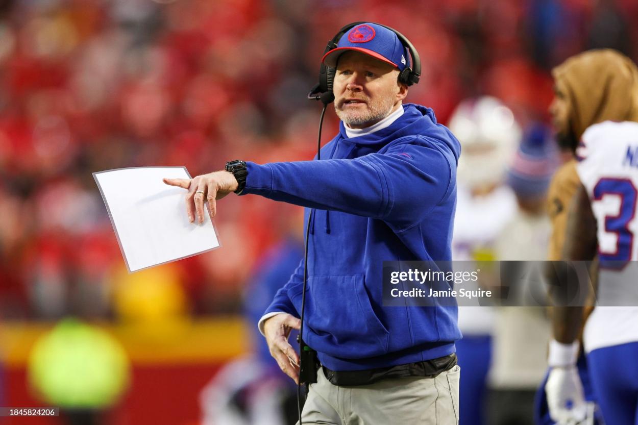 Head coach Sean McDermott of the Buffalo Bills reacts during the first half of the game against the Kansas City Chiefs at GEHA Field at Arrowhead Stadium on December 10, 2023 in Kansas City, Missouri. (Photo by Jamie Squire/Getty Images)