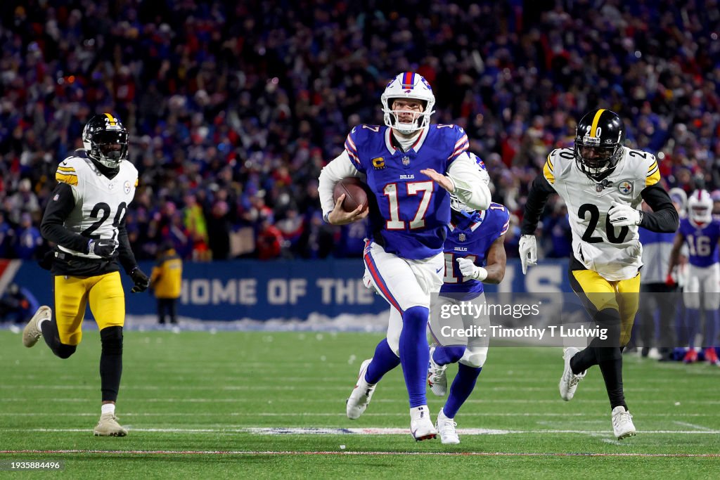 Josh Allen #17 of the Buffalo Bills scores a 52-yard touchdown against the Pittsburgh Steelers during the second quarter at Highmark Stadium on January 15, 2024 in Orchard Park, New York. (Photo by Timothy T Ludwig/Getty Images)