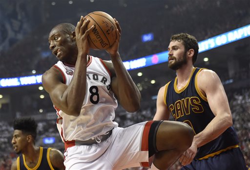 Bismack Biyombo (8) seen grabbing one of the 26 rebounds he had in Game 3 of the 2016 NBA Eastern Conference Finals. Photo: Frank Gunn/The Canadian Press via AP