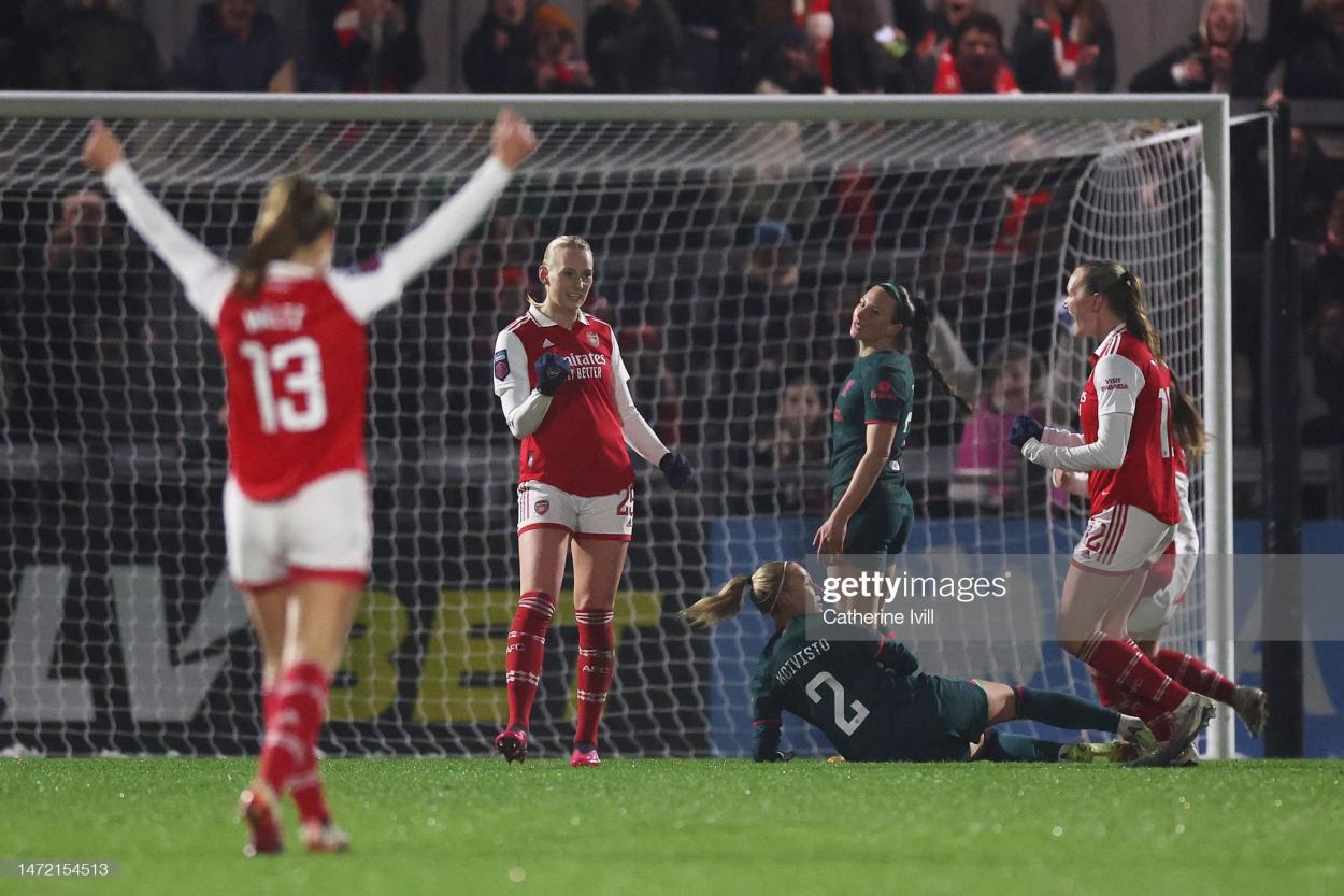 Stina Blackstenius celebrates after scoring the team's first goal during the FA Women's Super League match between Arsenal and Liverpool at Meadow Park. (Photo by Catherine Ivill/Getty Images)