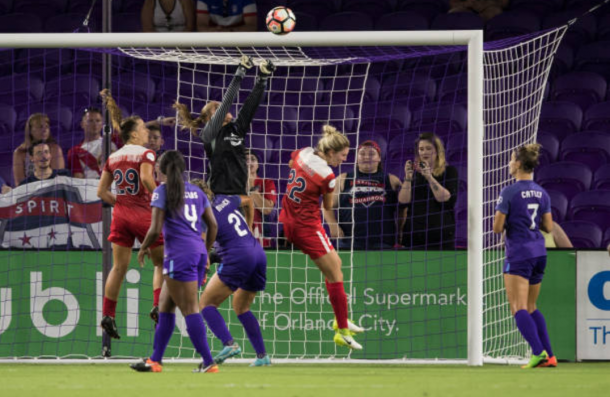 Aubrey Bledsoe makes a save for Orlando against the Washington Spirit while starting goalkeeper Ashlyn Harris was injury in 2017. | Photo: Joe Petro - Icon Sportswire via Getty Images