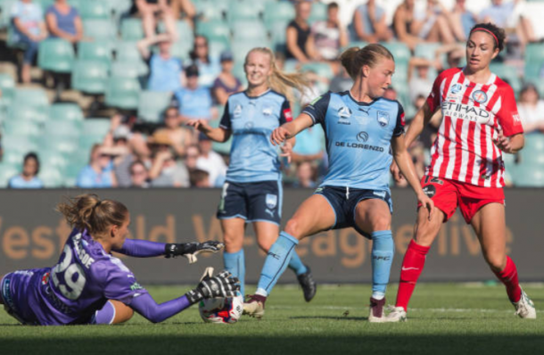 Defender Emily Sonnett shields Jodie Taylor from the ball while Aubsrey Bledsoe makes the save for Sydney FC in the 2018 W-League Grand Final. | Photo: Steve Christo - Corbis via Getty Images