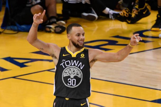 Curry celebrates after one of his many buckets in Game 2/Photo: Jose Carlos Fajardo/Bay Area news Group