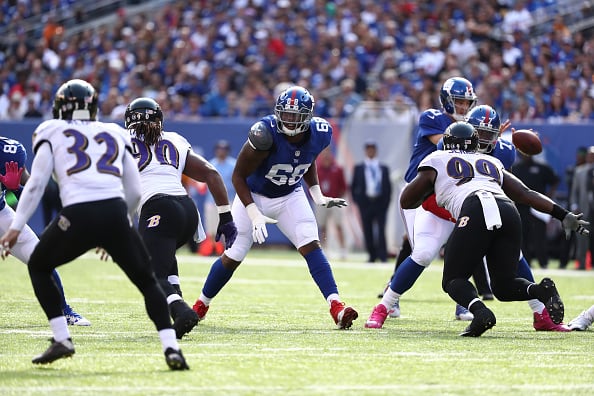 New York Giants tackle Bobby Hart playing against the Baltimore Ravens in October 2016 (Photo by Al Bello/Getty Images)