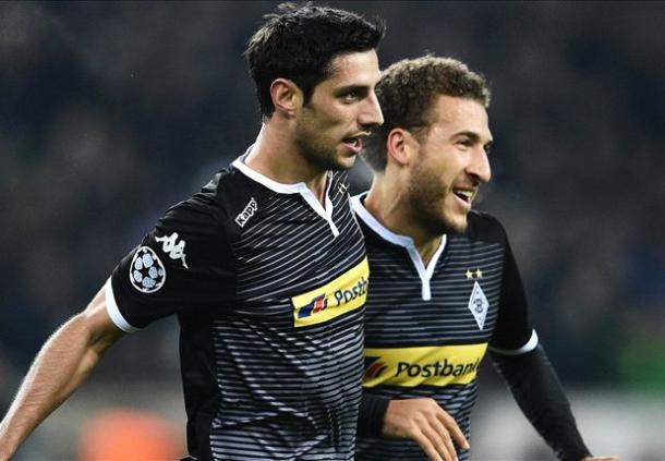 Gladbach celebrate during their only win of this season's Champions League, a 4-2 result over Sevilla. (Source: Goal.com) 