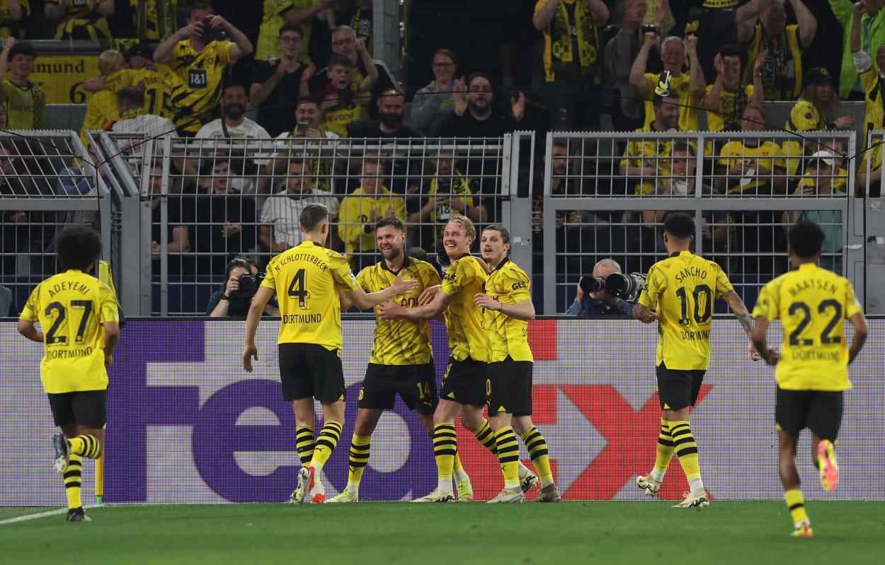 Los jugadores del Borussia celebran el gol en el partido de ida. Fuente: Getty Images