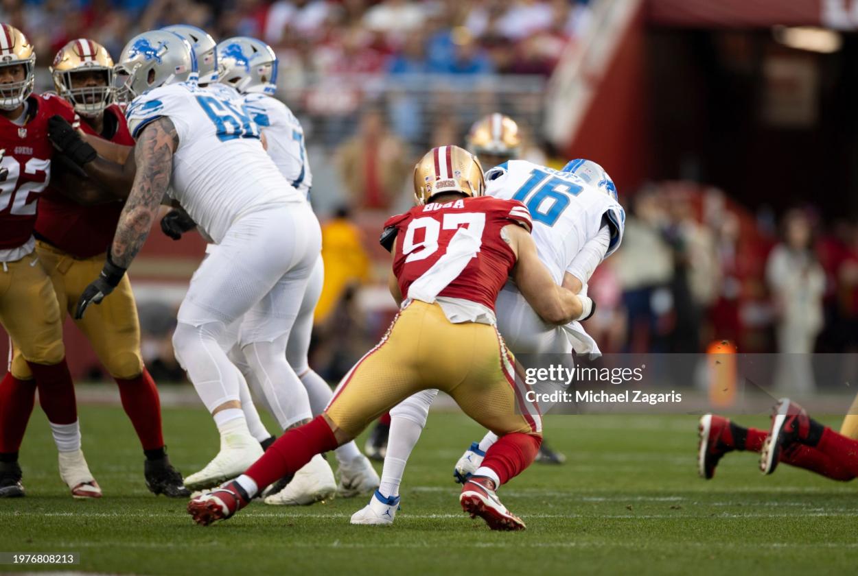 Nick Bosa #97 of the San Francisco 49ers sacks <strong><a  data-cke-saved-href='https://www.vavel.com/en-us/nfl/2024/01/20/1169389-detroitlions-vs-tampa-bay-buccaneers-game-preview.html' href='https://www.vavel.com/en-us/nfl/2024/01/20/1169389-detroitlions-vs-tampa-bay-buccaneers-game-preview.html'>Jared Goff</a></strong> #16 of the Detroit Lions during the NFC Championship game at Levi's Stadium on January 28, 2024 in Santa Clara, California. The 49ers defeated the Lions 34-31. (Photo by Michael Zagaris/San Francisco 49ers/Getty Images)