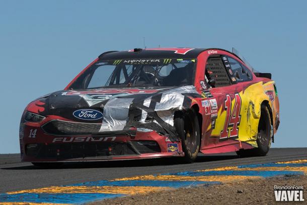 Clint Bowyer's battered Lightning McQueen liveried car came home to complete a Stewart-Haas 1-2 | Picture Credit: Brandon Farris