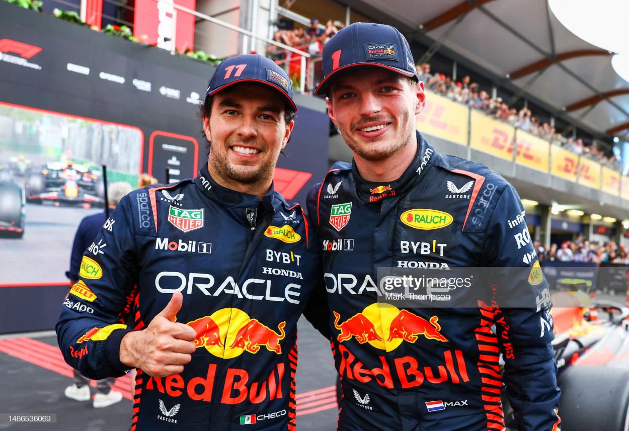 Perez and Verstappen celebrating after Azerbaijan Grand Prix - (Photo by Mark Thompson/Getty Images)